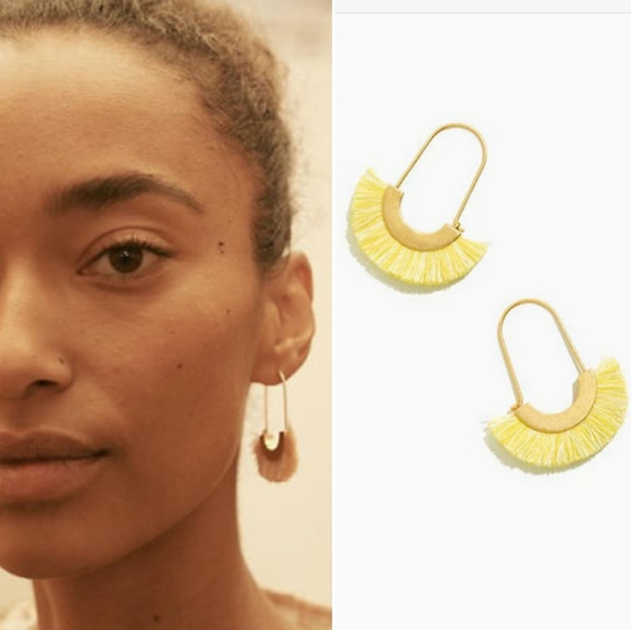 Madewell Boho Tassel Arc Wire Marled Sunshine Yellow Texture Fringe Earrings - Picture 3 of 4